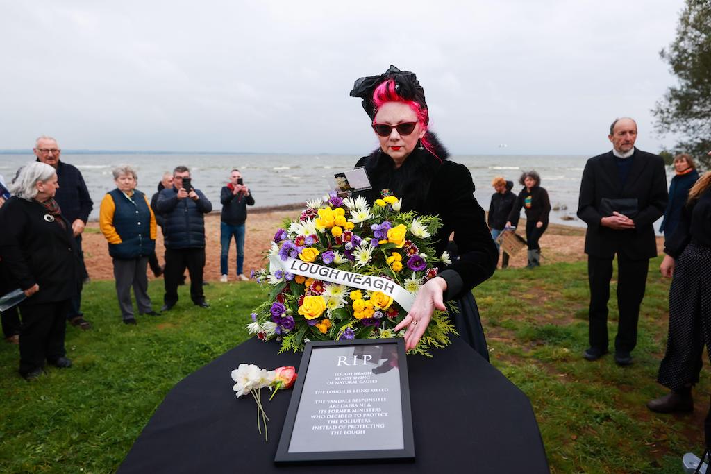 Environmental campaigners held a "wake" for Lough Neagh lake at Ballyronan beach in Northern Ireland, September 2023.