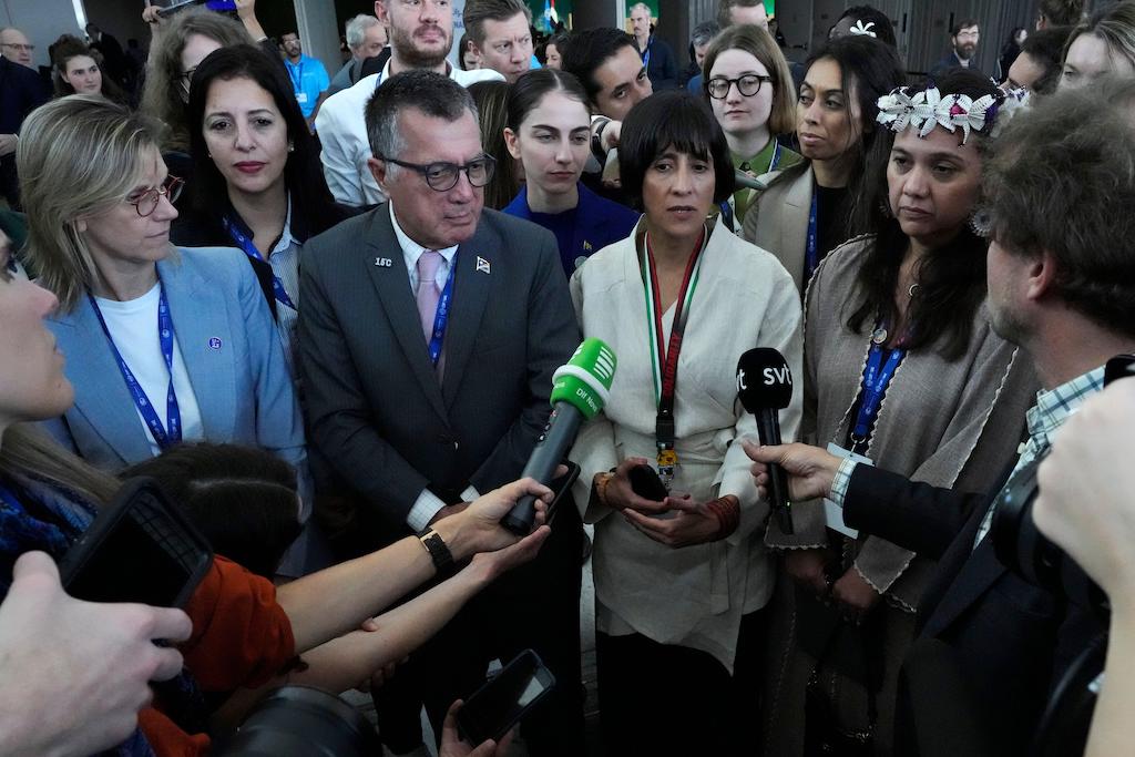 Susana Muhamad, the environment minister of Colombia (second from the right), alongside other ministers and a climate envoy at the COP28 summit in Dubai, UAE on 13 December, 2023.