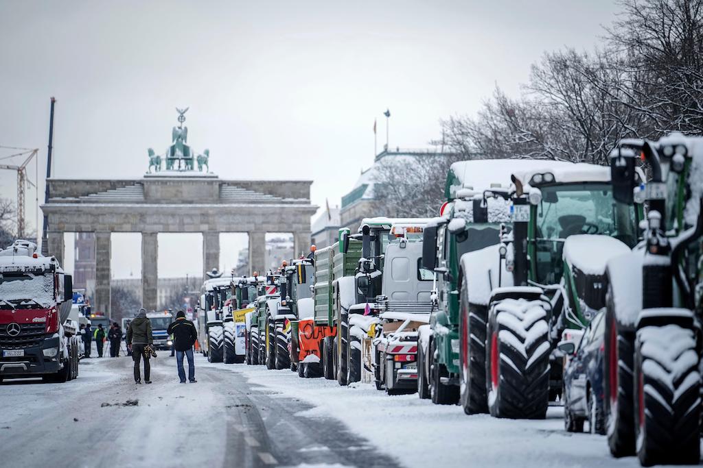 Farmers and tractors at a protest at the Brandenburg Gate in Berlin, Germany on 16 January, 2024.