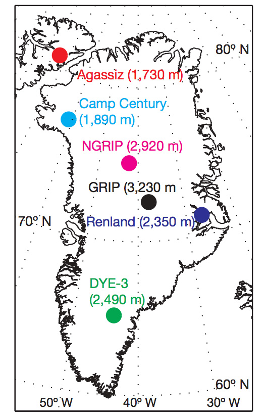 Map of Greenland showing the Location of the six ice core records used in the Vinther et al 2009 Greenland Holocene temperature reconstruction, from Figure 1a in their paper.