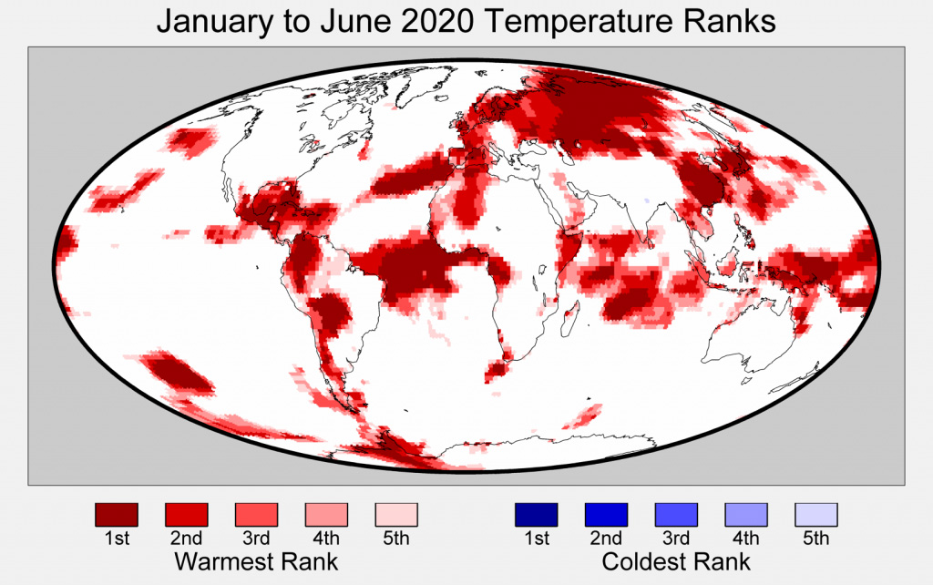 Regions of the world with record warm temperatures (or record cold, if any were available) during the first six months of 2020.