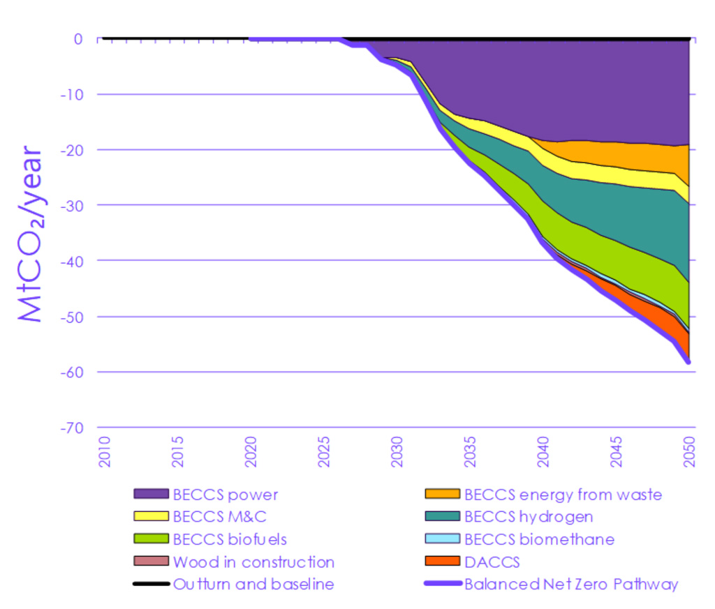 Sources of CO2 removals in the BNZ pathway for 2020-50.
