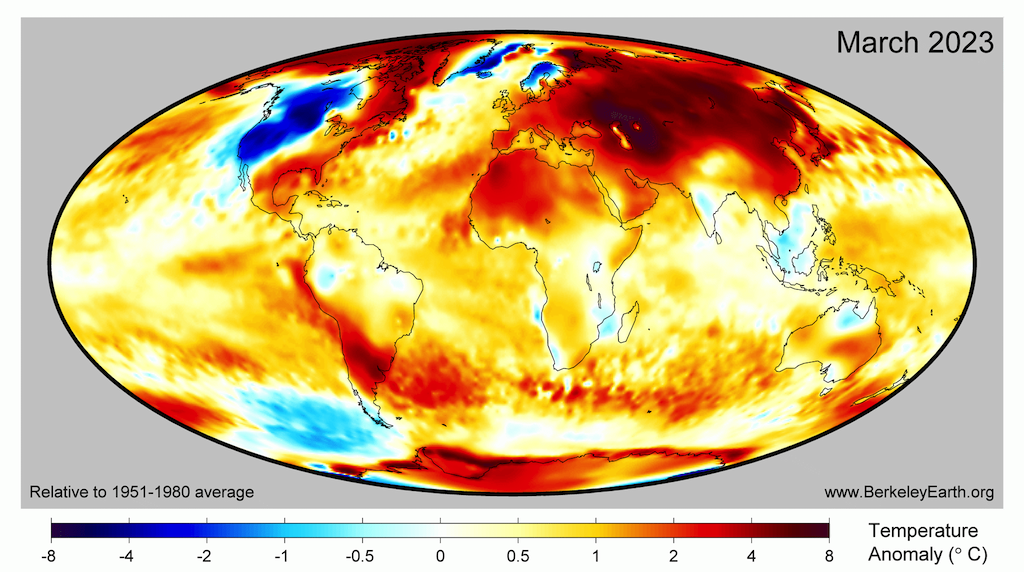 Global surface temperature anomalies for March 2023 compared to a 1951-1980 baseline period, taken from Berkeley Earth.