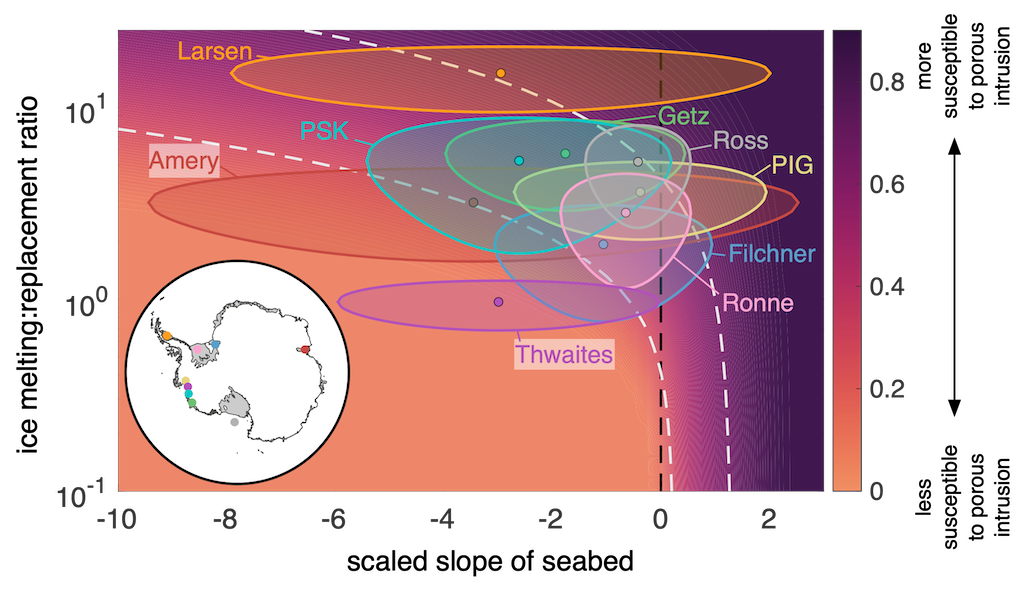 Map of the relative susceptibility to porous intrusion from modelling.