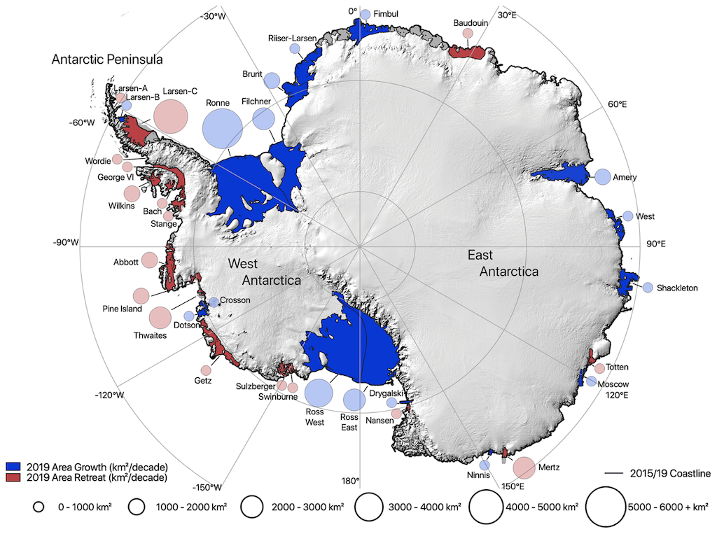 Antarctic map of ice-shelf area changes from 2009 to 2019.